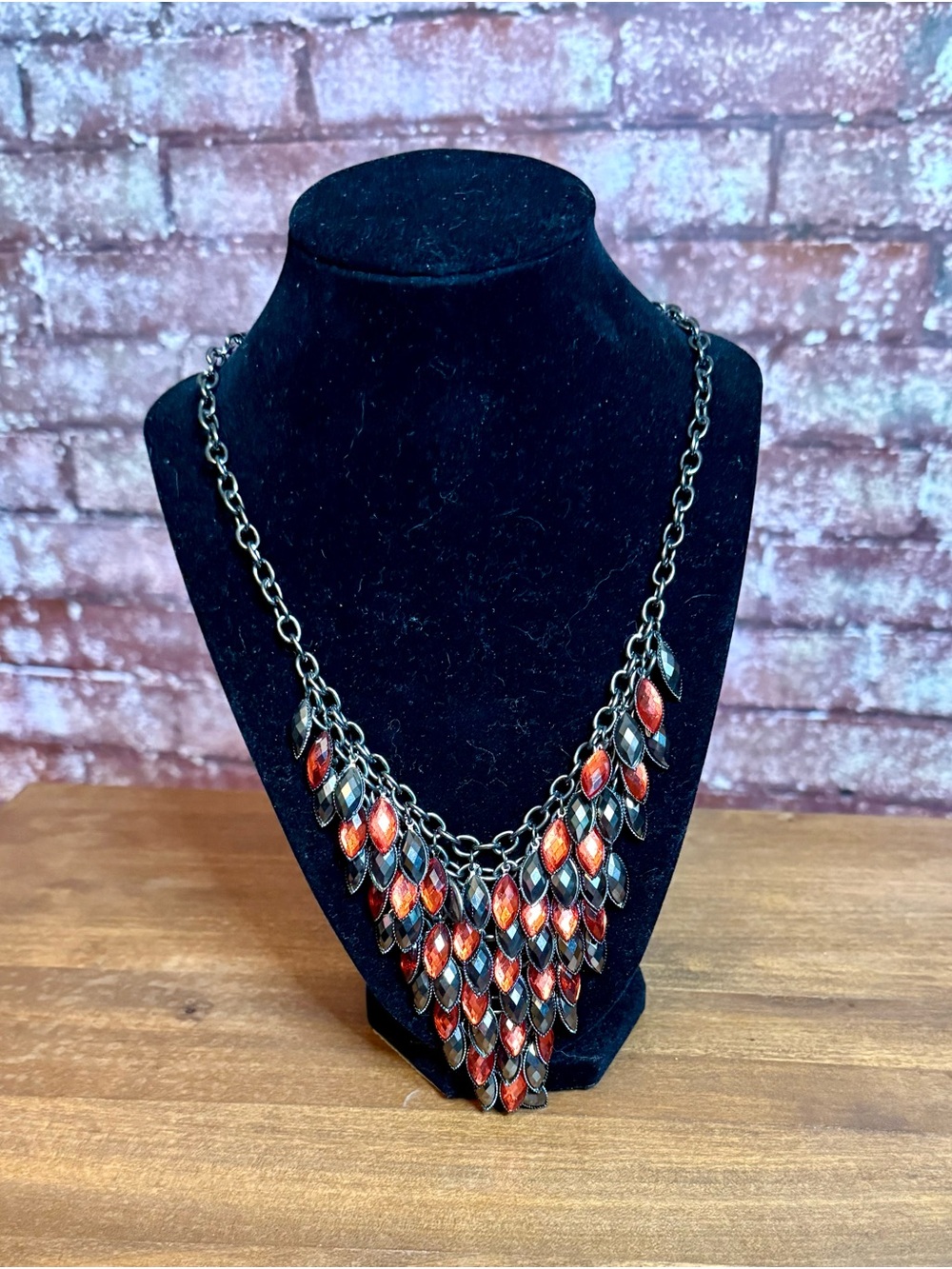 Statement Red Leaf Bib Necklace with Gunmetal Chain